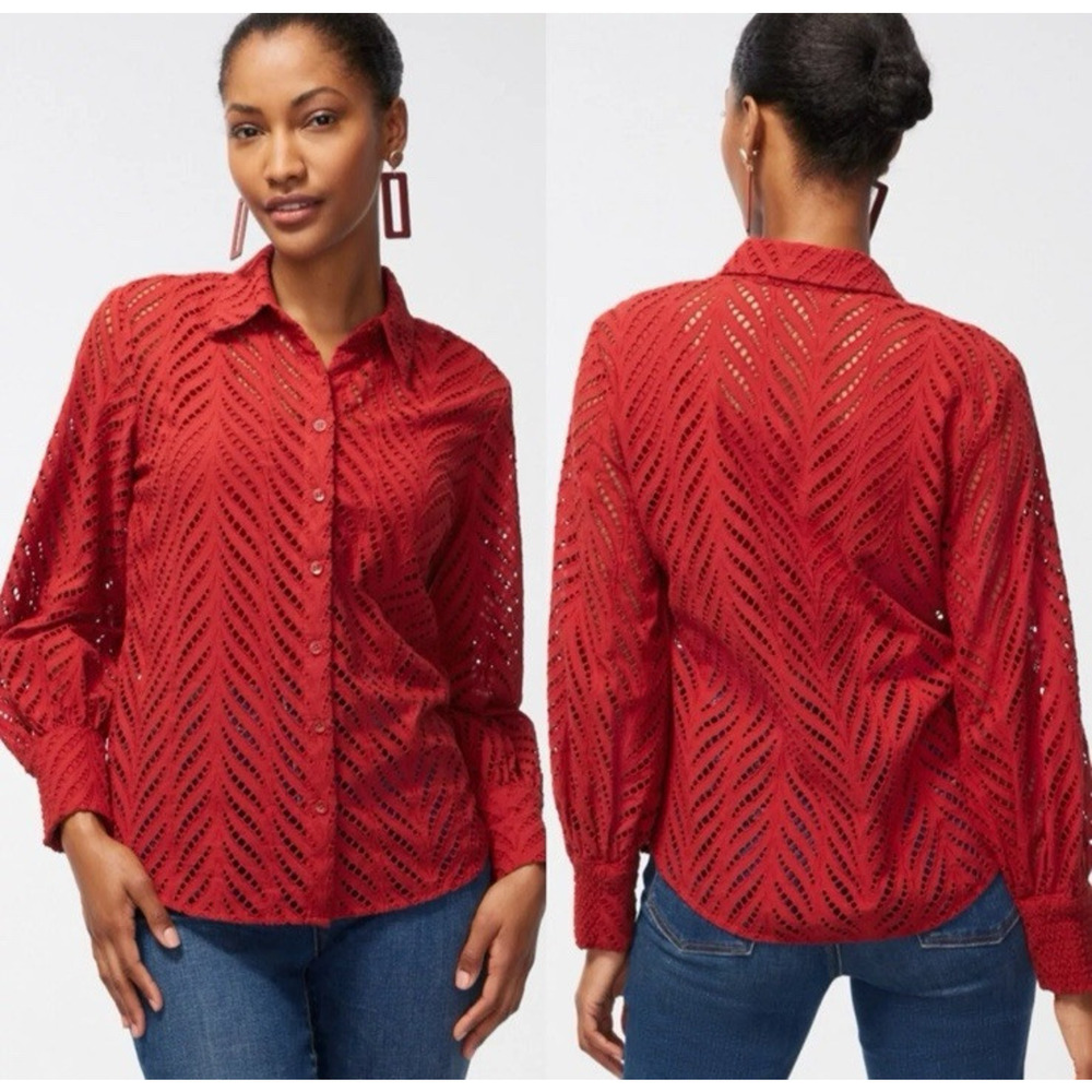 Chico's 4 20 Blouse Poplin CutworkButton‎ Front Longsleeve Lace Rust Orange